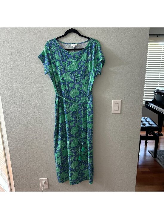 J. Jill Dresses & Skirts - J. Jill Short Sleeve Belted Maxi Dress Blue Green Womens MEDIUM Pockets Cotton